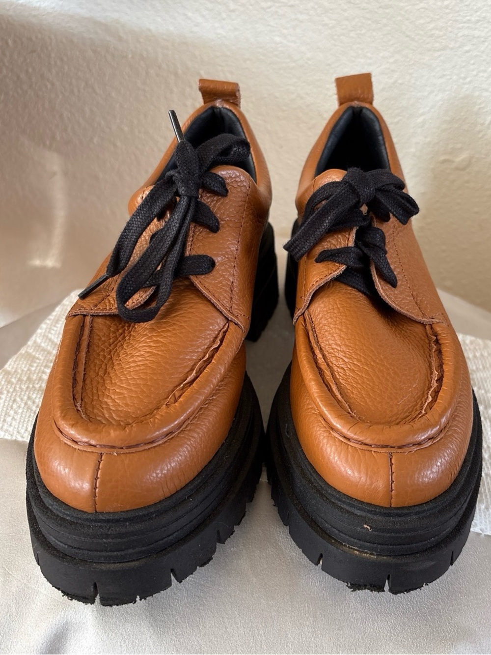 INTENTIONALLY BLANK Cognac Leather Platform Loafers with Black Soles